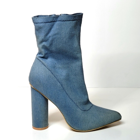 VIVA shin high faux denim jean chambray heels women's booties size 39 - Picture 1 of 12